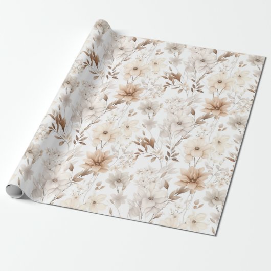 Papier Cadeau Boho Beige Aquarelle Charme Floral (Déroulé)