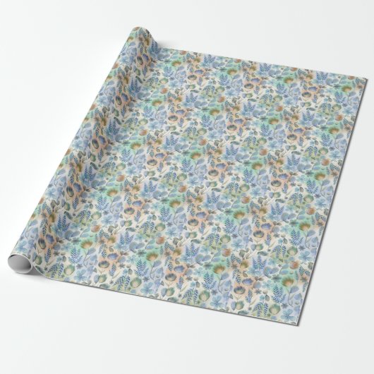 Papier Cadeau Boho bleu vert floral botanique fantaisiste (Déroulé)
