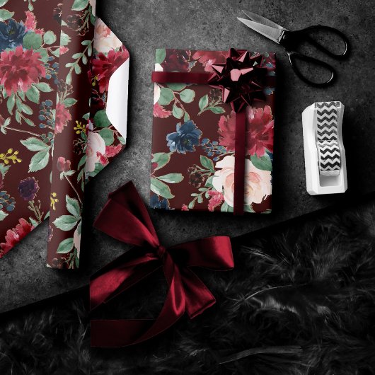 Papier Cadeau Boho Bloom | Dark Elegant Red Blush et Navy Blue
