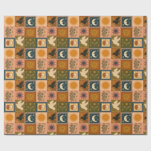 Papier Cadeau Boho Celestial | Soleil et lune rétro (Plat)