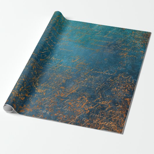 Papier Cadeau Boho Copper Blue Script Grunge (Déroulé)