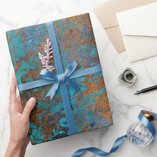 Papier Cadeau Boho Cuivre bleu Floral Damask Grunge (Cadeaux)