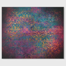 Boho damask élégant violet bleu or