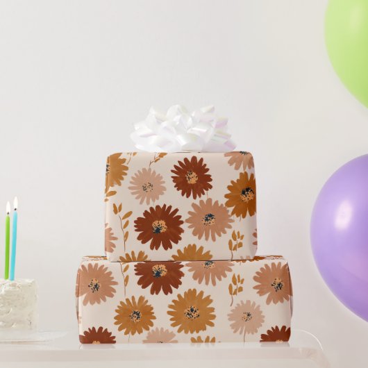 Papier Cadeau Boho Earth Tone Daisy Tan Floral Pattern (Cadeaux de fête)