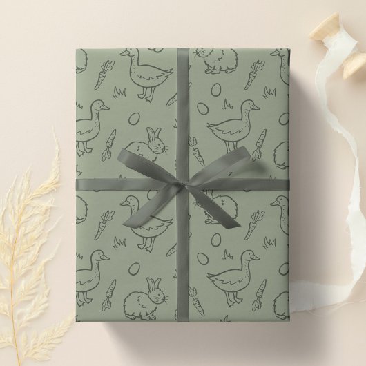 Papier Cadeau Boho Easter Bunny Rabbit Goose Spring Sage Green