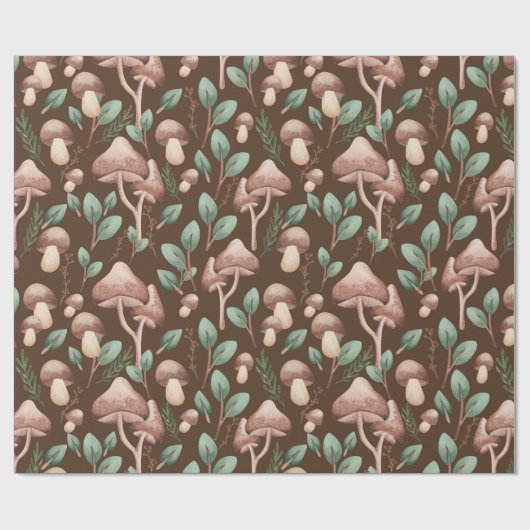 Papier Cadeau Boho Eucalyptus Forêt Champignons Brown foncé (Plat)