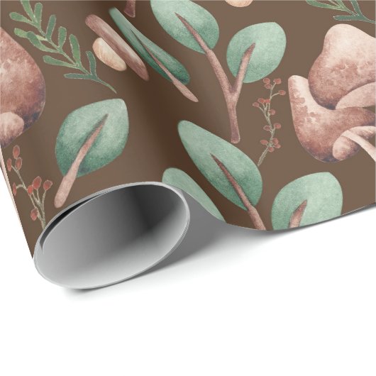 Papier Cadeau Boho Eucalyptus Forêt Champignons Brown foncé (Coin rond)
