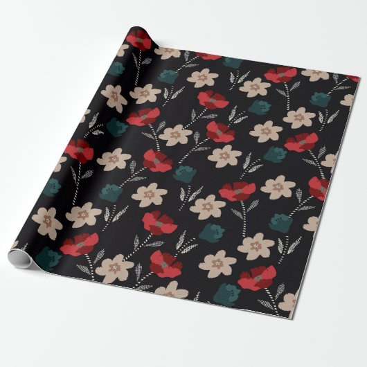 PAPIER CADEAU BOHO FLEURS ABSTRAITES EN NOIR (Déroulé)