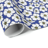 Papier Cadeau Boho Fleurs Blanches Sur Fond Bleu (Coin rond)