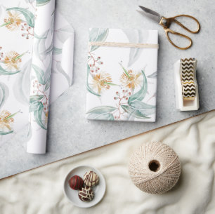 Papier Cadeau Boho Floral Eucalyptus Aquarelle Menthe Gris