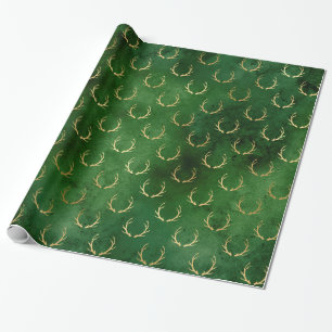 Papier Cadeau Boho Green Gold Antlers Noël