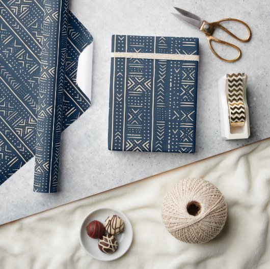 Papier Cadeau Boho Linear Mudcloth | Indigo Classique (Artisanat)