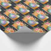 Papier Cadeau Boho Orange Caméra & Bouquet Floral Aquarelle (Coin)