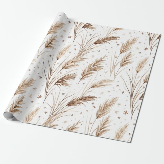 Papier Cadeau Boho Pampas Grass Beige Brown Star Pattern (1) (Déroulé)