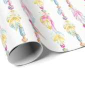 Papier Cadeau Boho plumes et perles aquarelle envelopper (Coin rond)