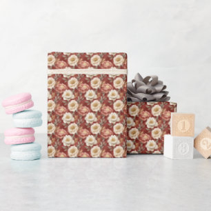 Papier Cadeau Boho rose et floral ivoire sur marron taché