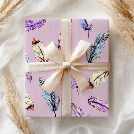 Papier Cadeau Boho violet bleu rose plumes