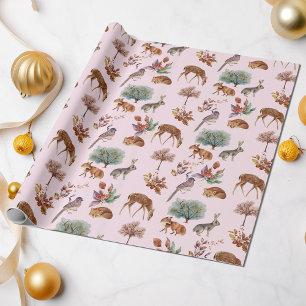 Papier Cadeau Bois Animaux et oiseaux Arrière - plan rose clair