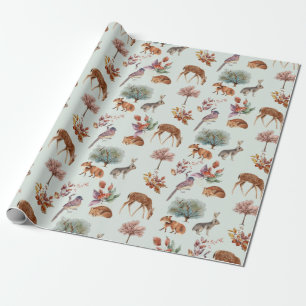 Papier Cadeau Bois Animaux et oiseaux Gris Vert Arrière - plan