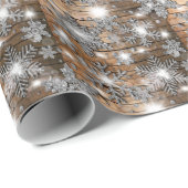 Papier Cadeau Bois de grange rustique, flocons d'argent glacé (Coin rond)