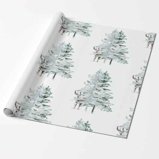 Papier Cadeau Bois d'hiver Arbres et Cerfs (Déroulé)