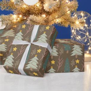 Papier Cadeau Bois Noël Arbres Terre Tons Motif