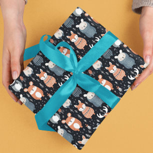 Papier Cadeau Bois scandinave Animaux Noël hiver