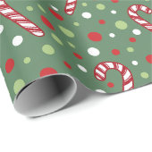 Papier Cadeau Bonbon de Noël Canne et Points Verts (Coin rond)