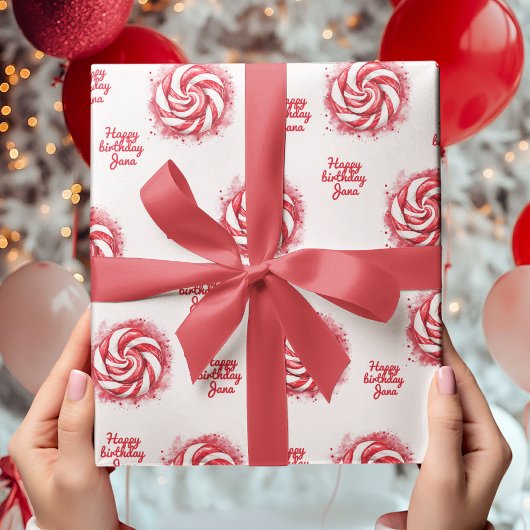 Papier Cadeau Bonbons d'hiver rouge et blanc Anniversaire