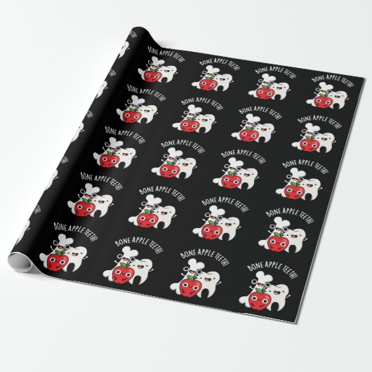 Papier Cadeau Bone Apple Teeth Funny Bona Appetit Pun Dark BG (Déroulé)