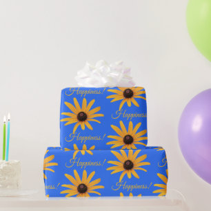Papier Cadeau "Bonheur" Fleurs Jaunes Solaires Lumineuses, Bleu