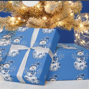 Papier Cadeau Bonhomme de neige bleu blanc joyeux