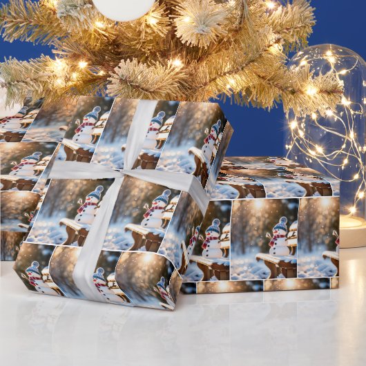 Papier Cadeau Bonhomme de neige de Noël sur un banc de parc (Vacances)