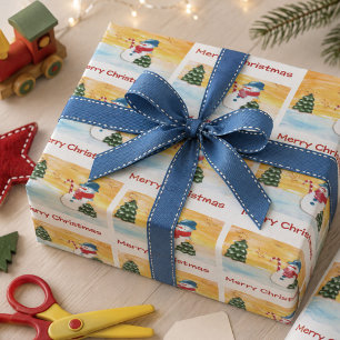 Papier Cadeau Bonhomme de neige et sapin de Noël avec étoile de