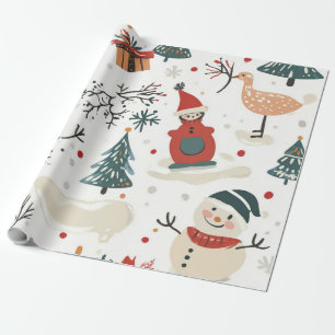 Papier Cadeau Bonhomme de neige fantaisiste dessiné à la main bl