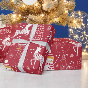 Papier Cadeau Bonhomme de neige, sapin de Noël et cerf, rouge d'