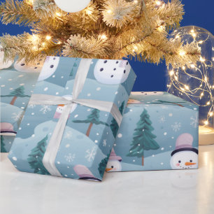Papier Cadeau Bonhommes de neige arbres Flocons de neige Noël mo