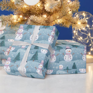 Papier Cadeau Bonhommes de neige arbres Flocons de neige Noël mo