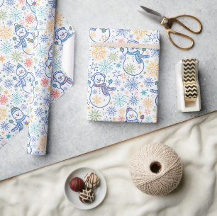 Papier Cadeau Bonhommes de neige bleus heureux