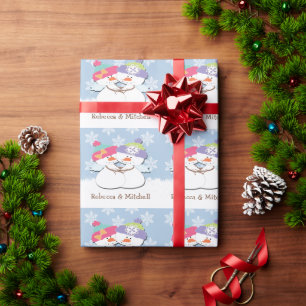 Papier Cadeau Bonhommes de neige de Noël avec fond de flocons de