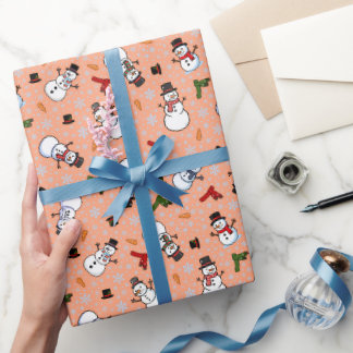 Papier Cadeau Bonhommes de neige et flocons de neige sur pêche