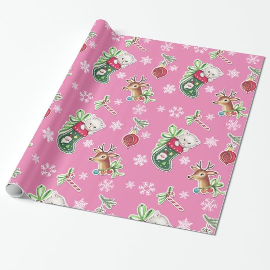 Papier Cadeau Bonjour Kitten papier enveloppant Noël en rose (Déroulé)