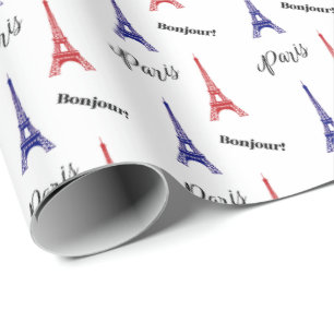 Papier Cadeau Bonjour Rouge Bleu Paris Tour Eiffel Enveloppement