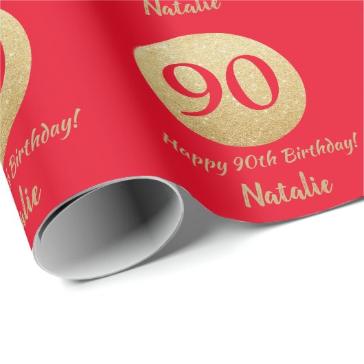Papier Cadeau Bonne 90e anniversaire Parties scintillant rouge e (Coin rond)