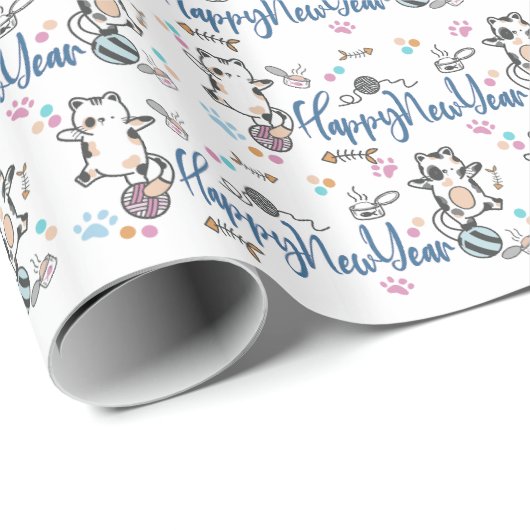 Papier Cadeau Bonne Année Entre Les Chatons Équilibré Sur Un Fil (Coin rond)