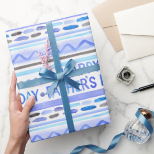 Papier Cadeau Bonne Fête des pères Bleu Aquarelle Bleu rayures