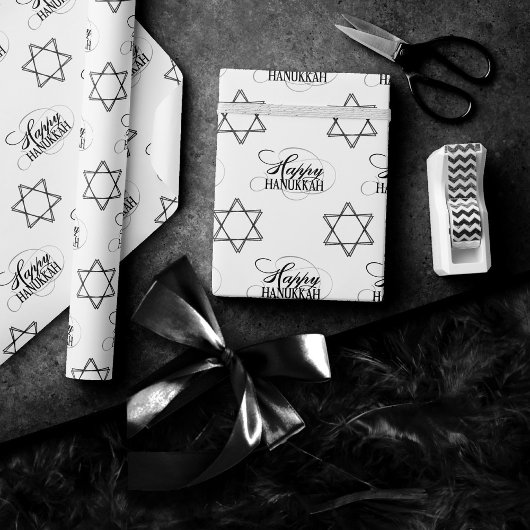 Papier Cadeau Bonne Hanoukka Star de David Classic noir blanc