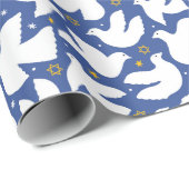 Papier Cadeau Bonne Hanoukka Star de David Dove Bleu Blanc (Coin rond)