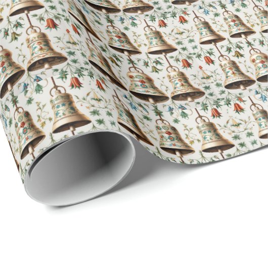 Papier Cadeau Bonnet d'or classique Noël, Foliage vert et rouge (Coin rond)