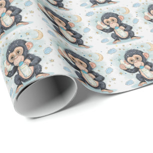 Papier Cadeau Bonobo Cute Baby Pastel Motif d'aquarelle